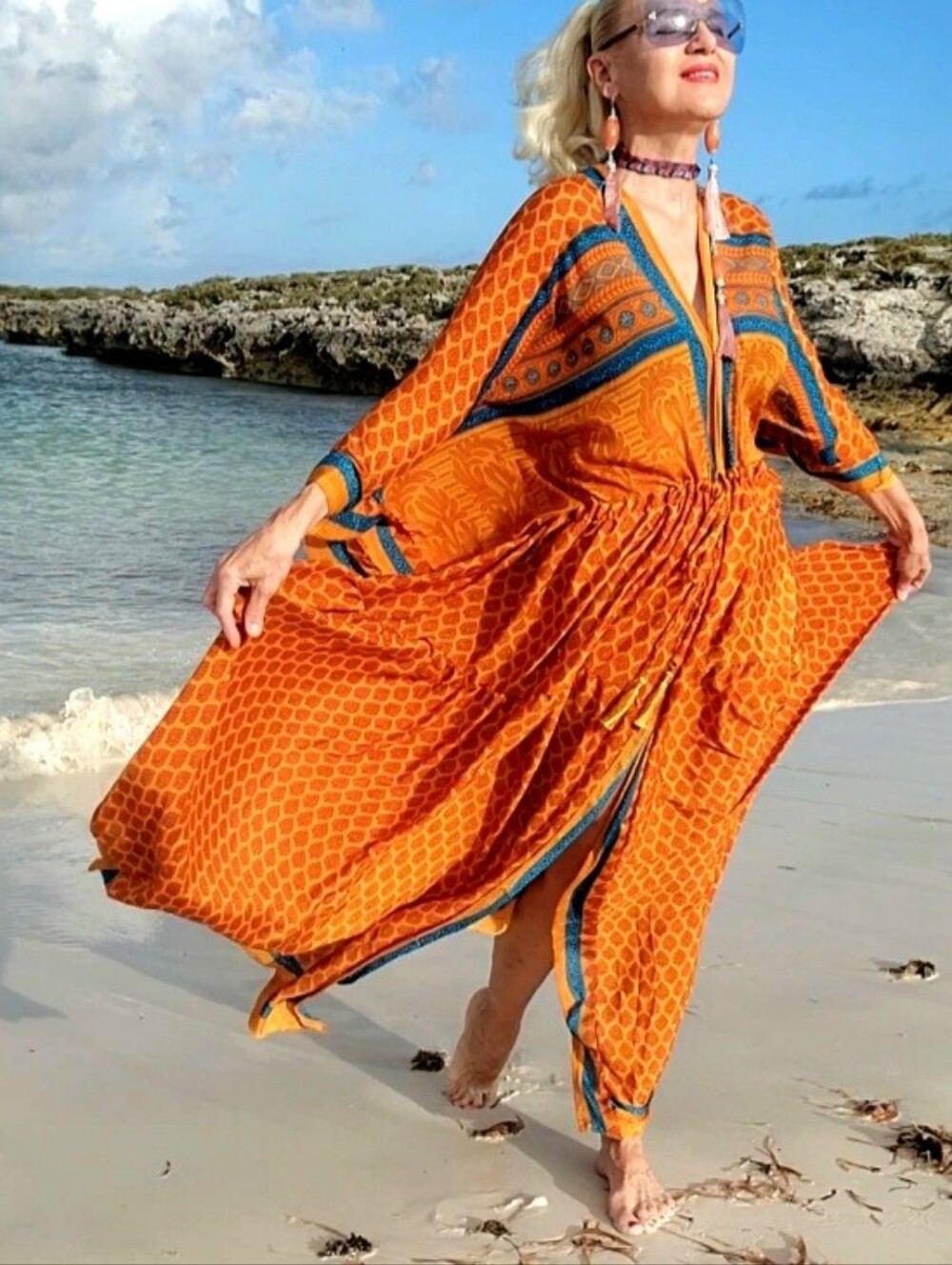 100% Silk Handprinted Authentic Designer Kimono Maxi Dress Luxury Resortwear